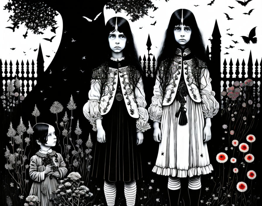 Monochrome gothic illustration of three girls in vintage attire in dark, floral landscape