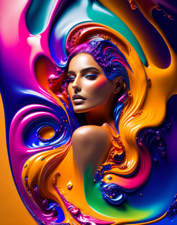 Colorful Digital Artwork: Woman's Face Blended with Abstract Swirls