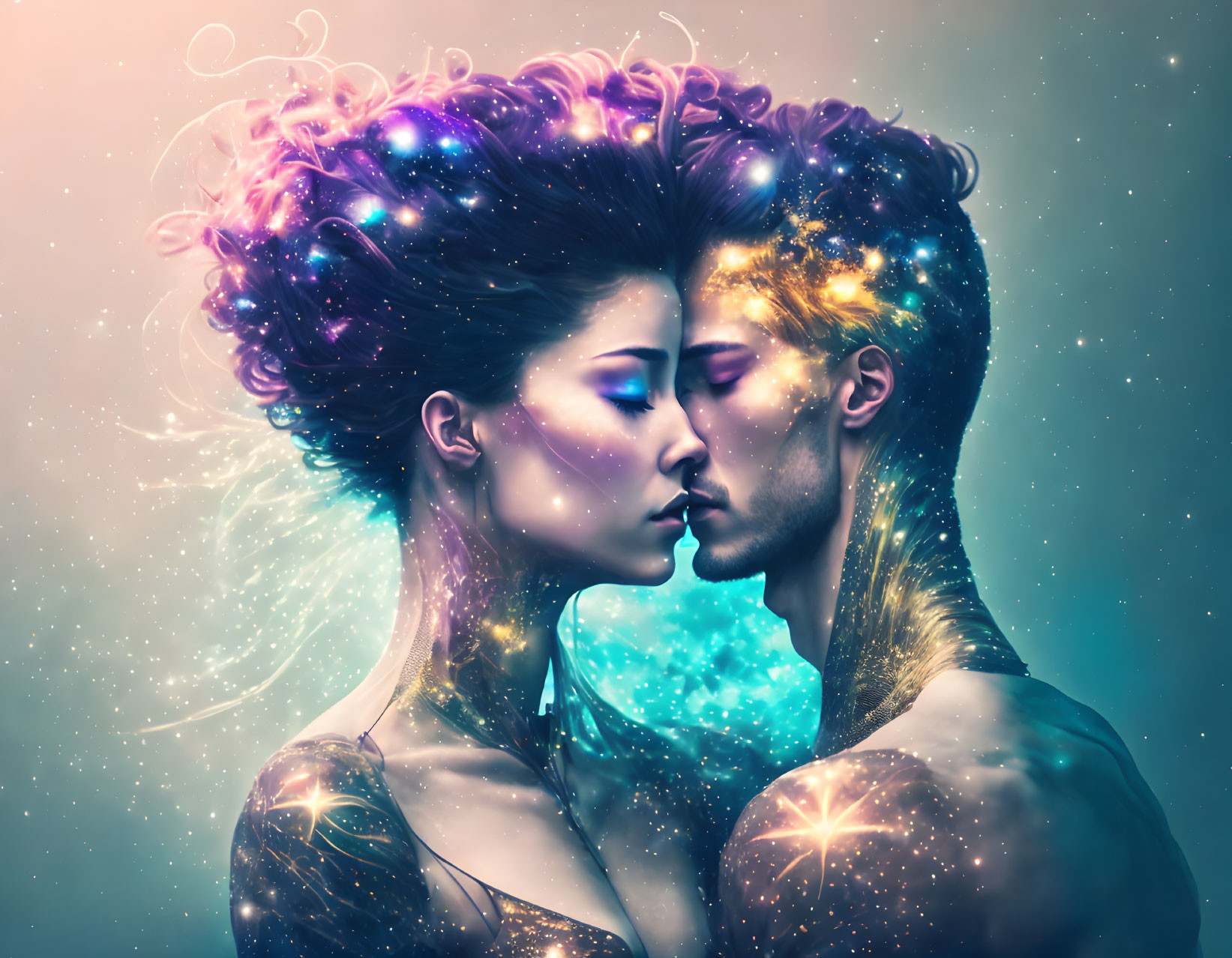 Cosmic-themed portrait of a woman and man with glittering skin and nebula-like hair