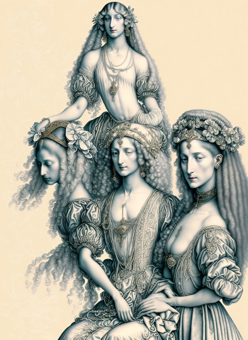 Four women in renaissance attire with elaborate hairstyles and ornate clothing in vintage monochromatic style