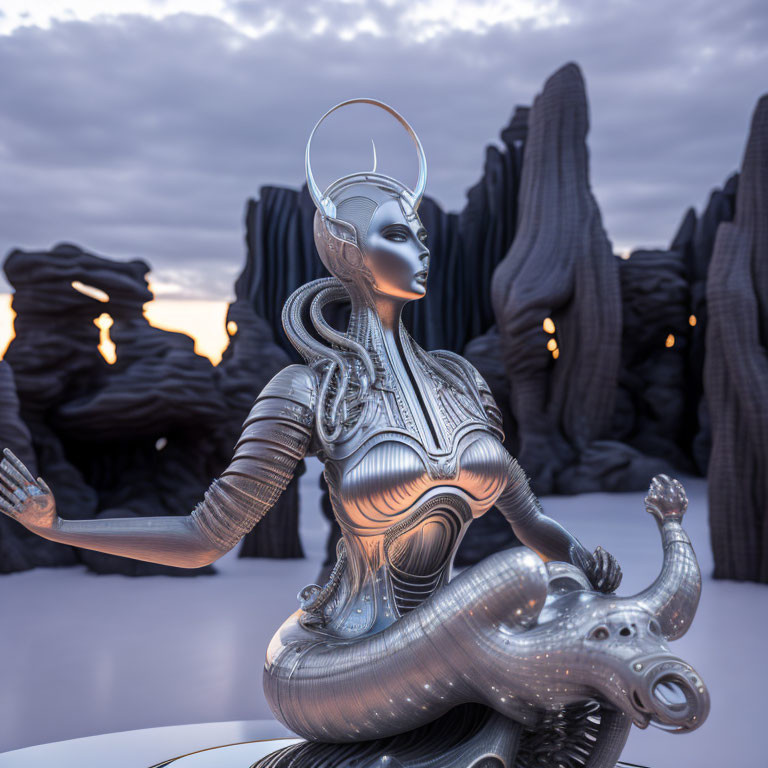 Silver humanoid robot against dusky sky with rock formations and suns.