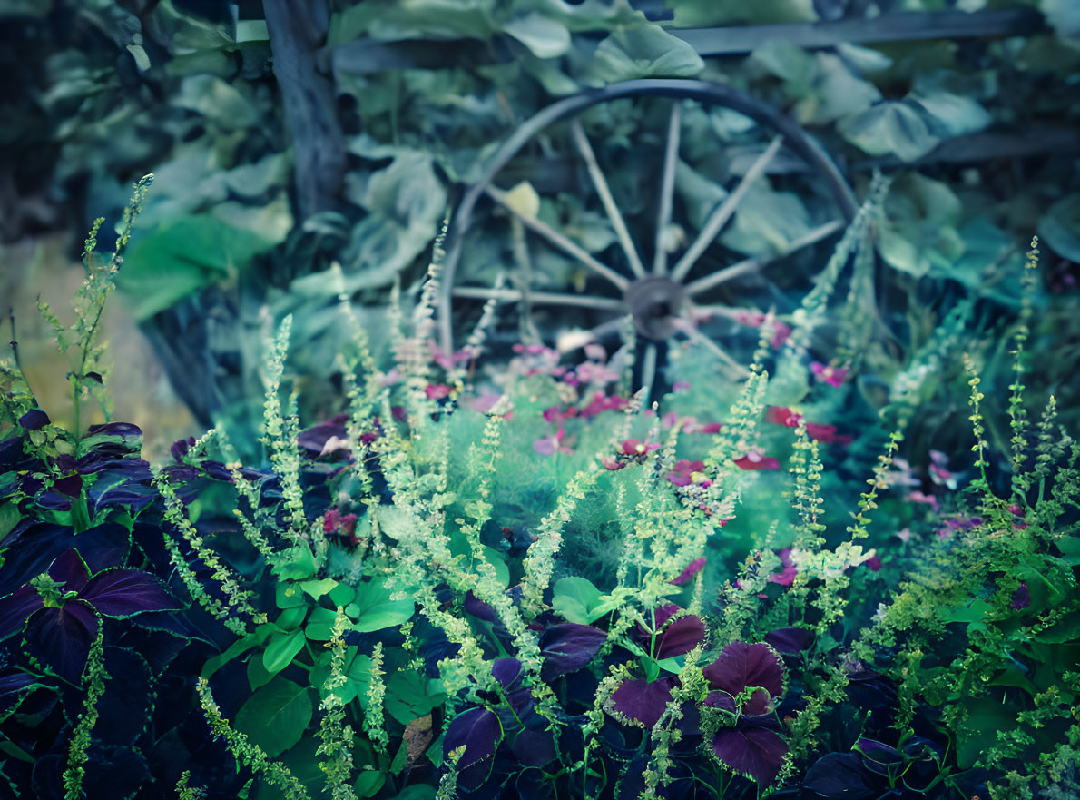 Lush garden scene with rustic wooden wheel, vintage ambiance