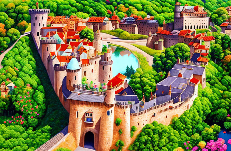 Majestic fairytale castle with greenery, walls, towers, and blue moat