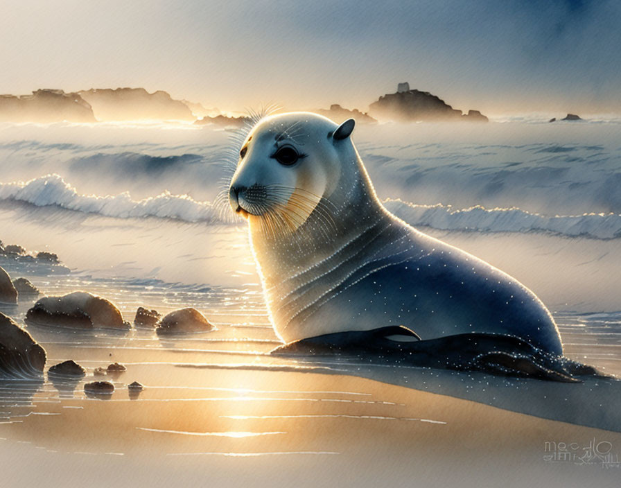 Tranquil digital art: Seal on misty beach with lighthouse at sunrise/sunset