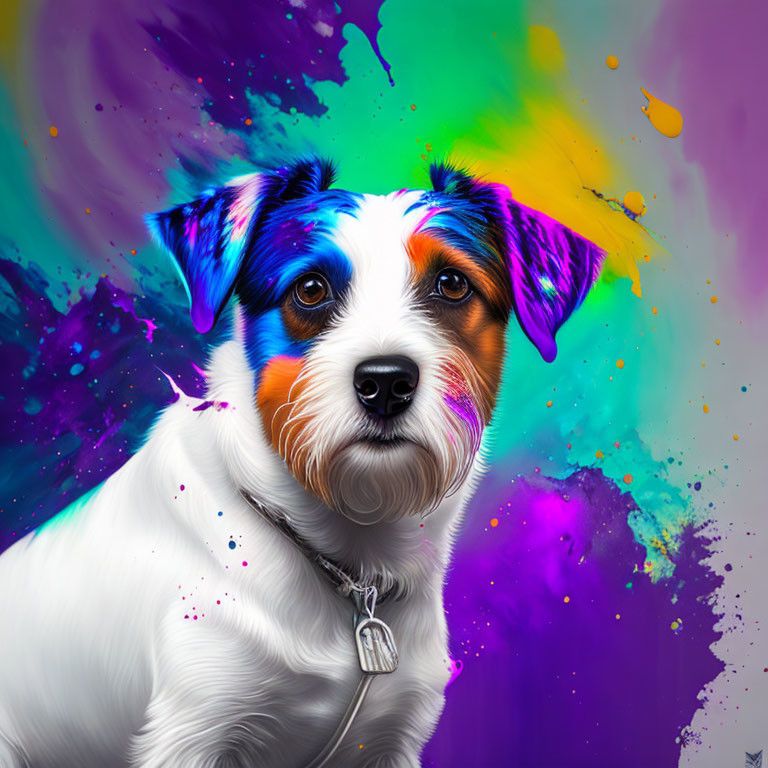 Colorful digital art: Jack Russell Terrier with paint splashes on face, against vibrant backdrop