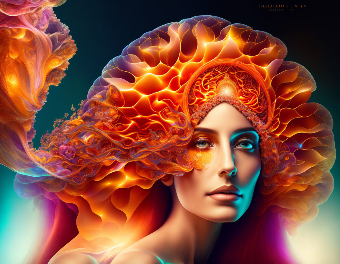 Colorful digital portrait featuring woman with fiery fractal patterns on blue background