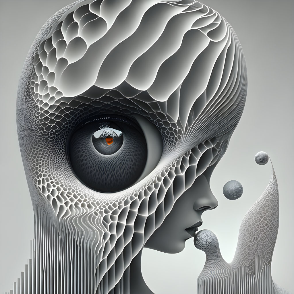 Surreal humanoid face with monochrome patterns and textures