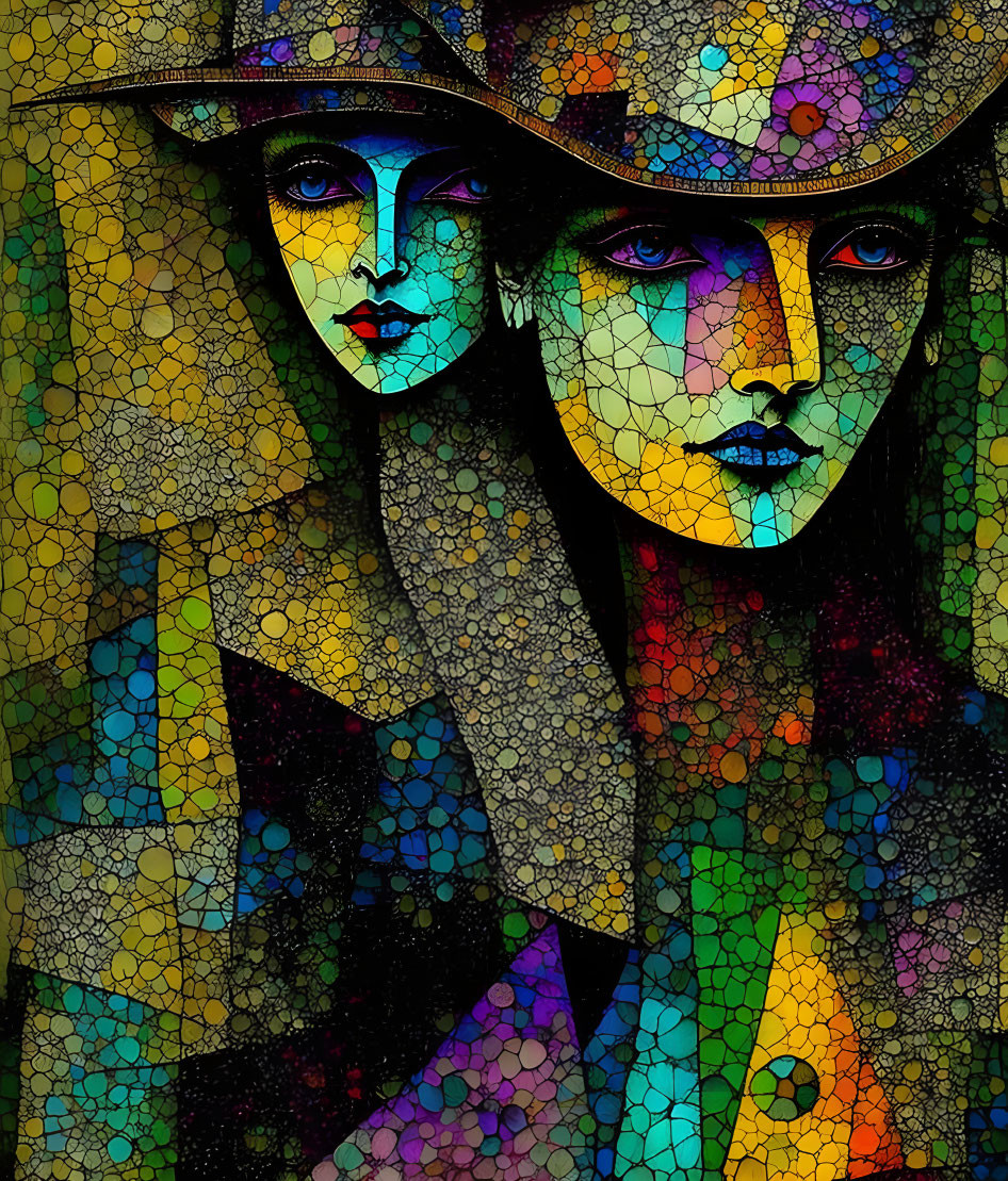 Colorful Mosaic Artwork Featuring Faces with Flowers and Hat