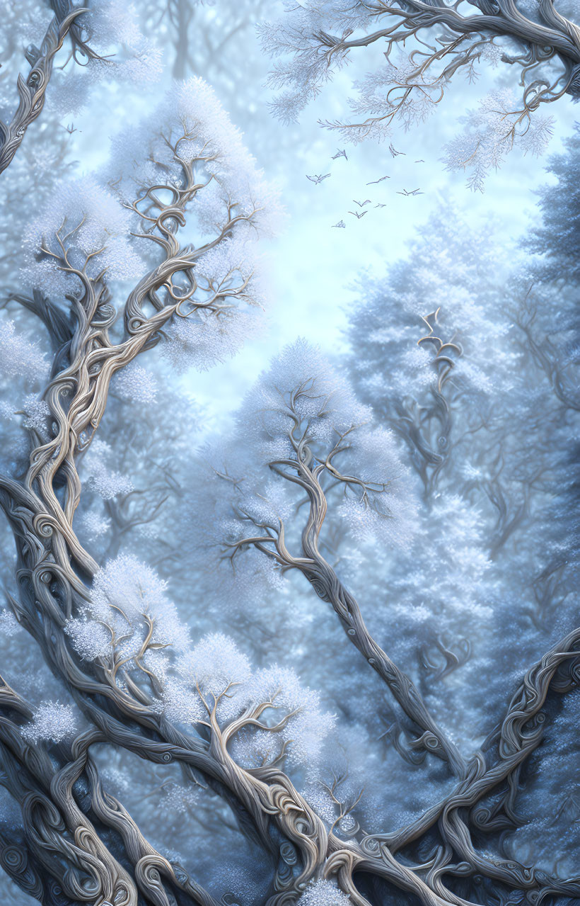 Winter forest scene with snowy trees and birds in misty backdrop