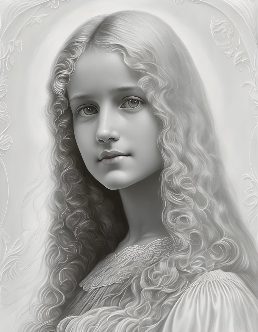 Serene young girl portrait in monochrome with curly hair and lace dress