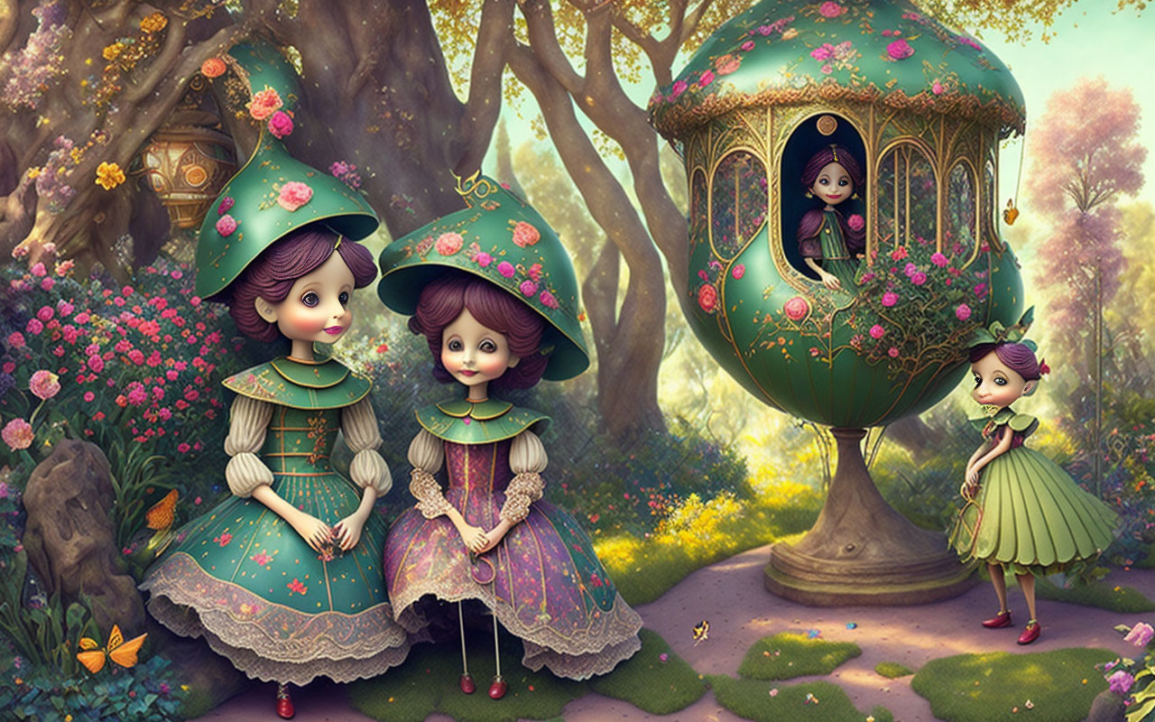 Victorian dolls in fantastical garden with treehouse carriage