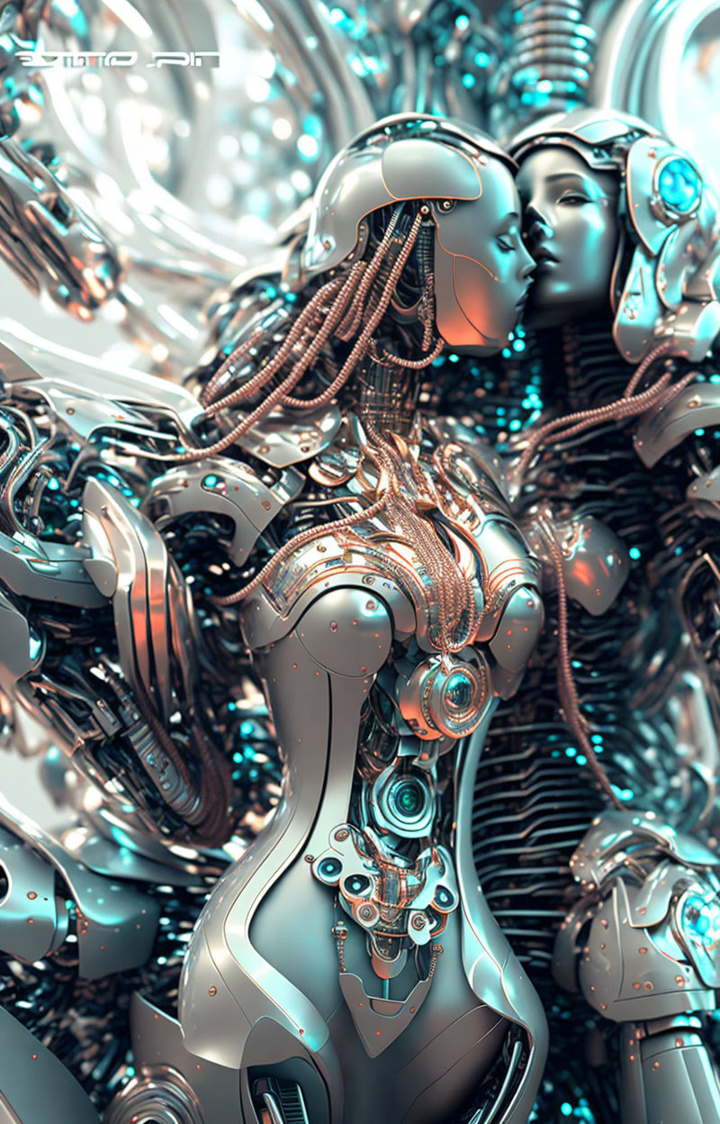 Detailed female androids in close embrace among complex machinery