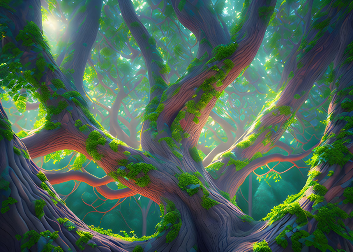 Enchanting forest with twisted trees and glowing orange veins