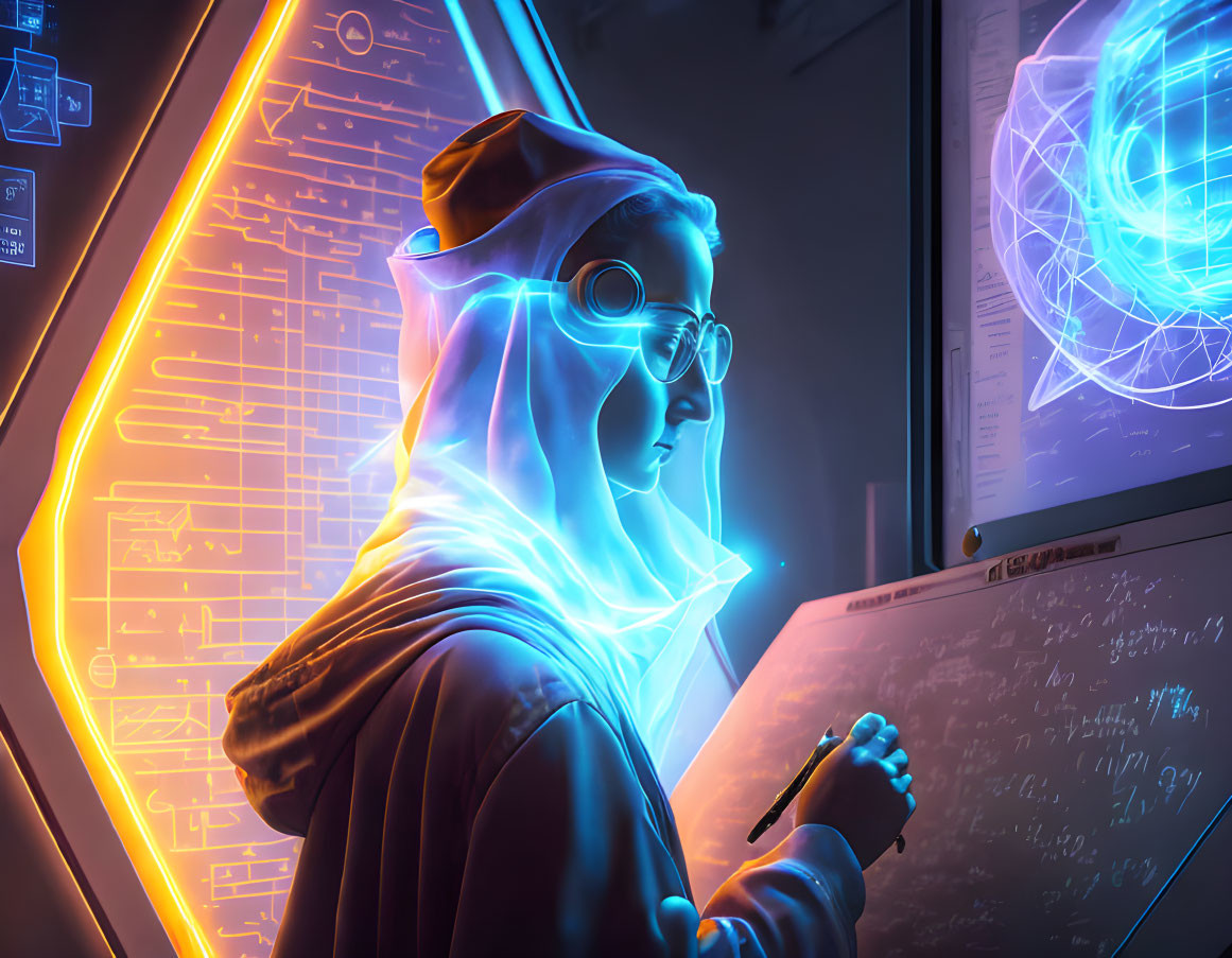 Person in hoodie and glasses studying scientific diagrams under neon lights