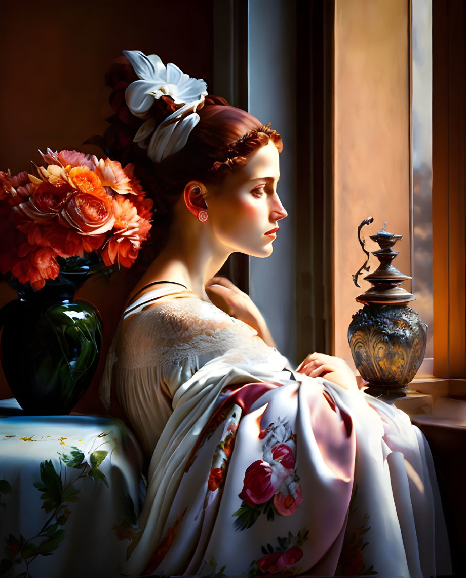 Historical woman in dress looking out window with flowers and urn