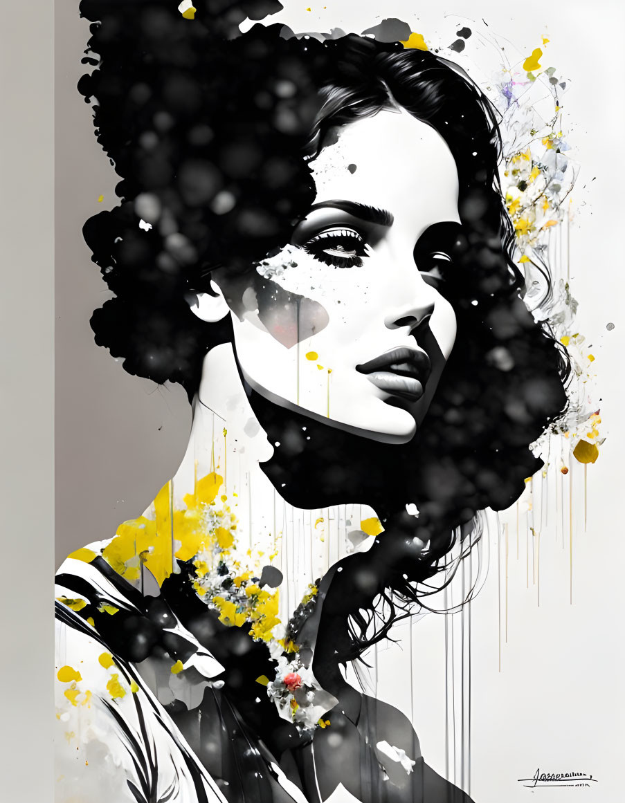 Black and yellow abstract splatter elements in monochrome portrait.