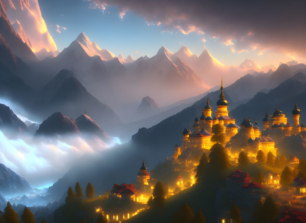 Digital art landscape: Golden temples, misty mountains, twilight sky.