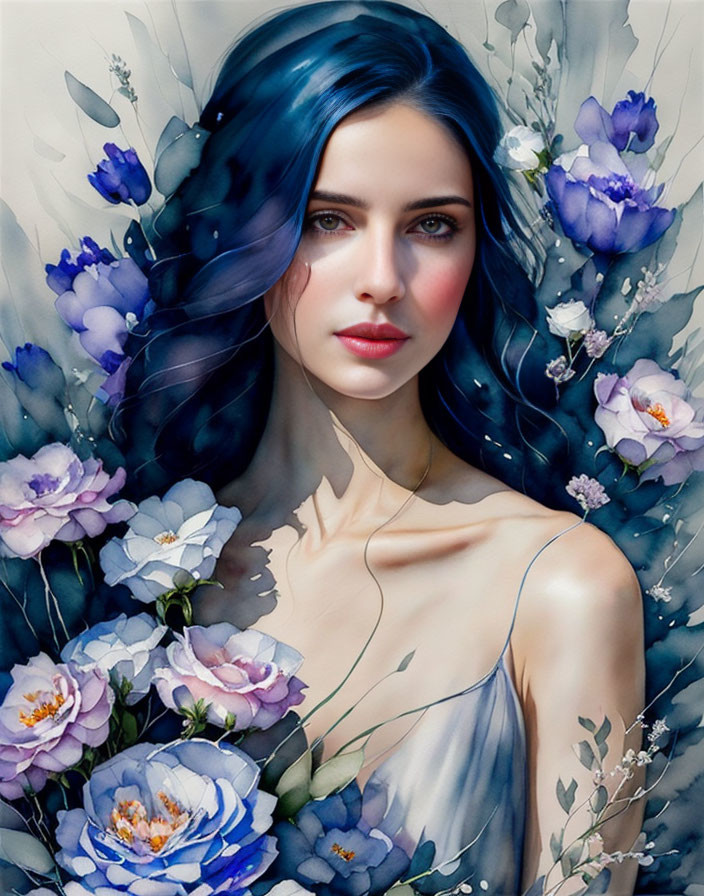 Illustrated portrait of a woman with blue hair and vibrant blue & white flowers