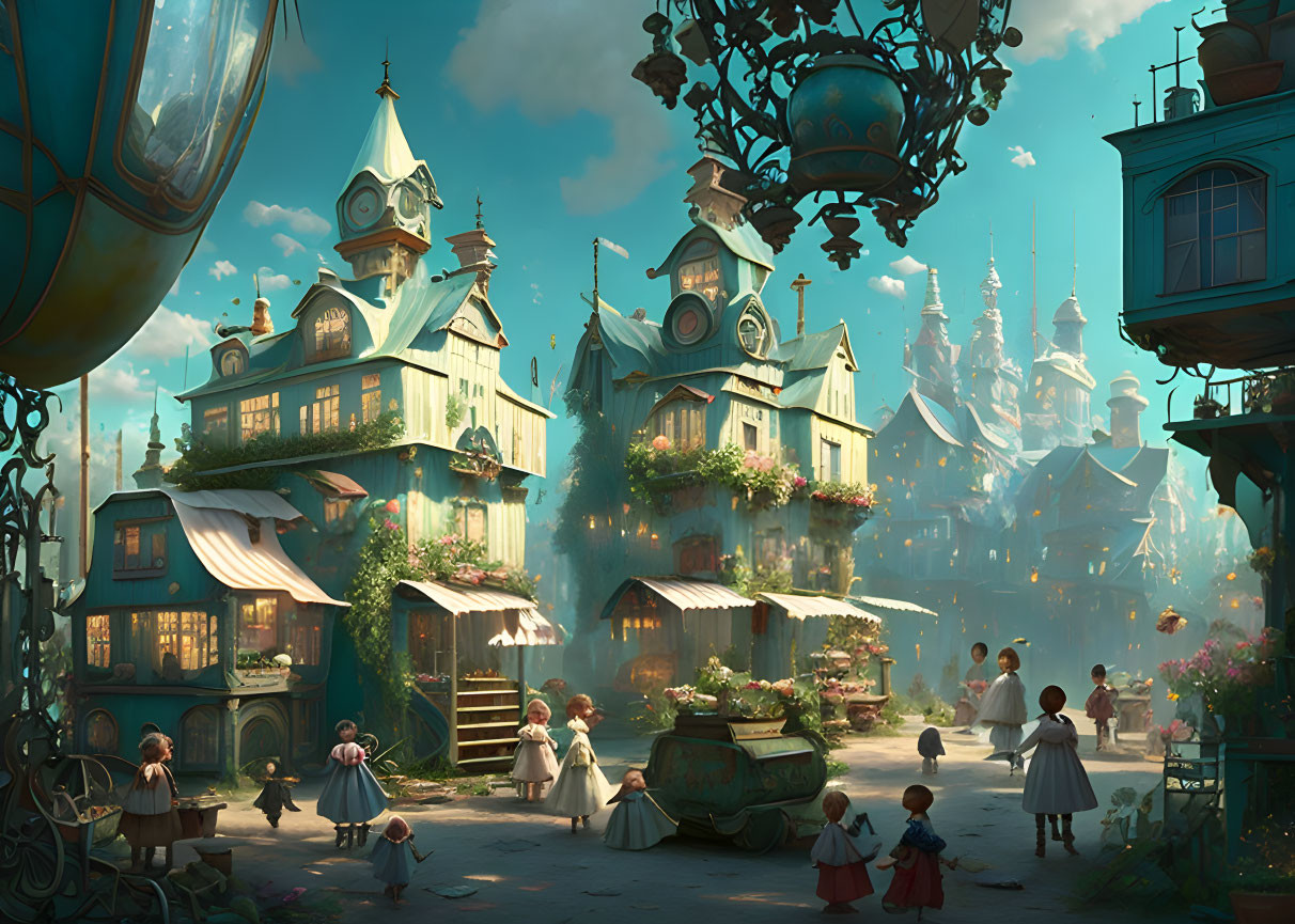 Whimsical fantasy village with floating lamps and enchanted atmosphere