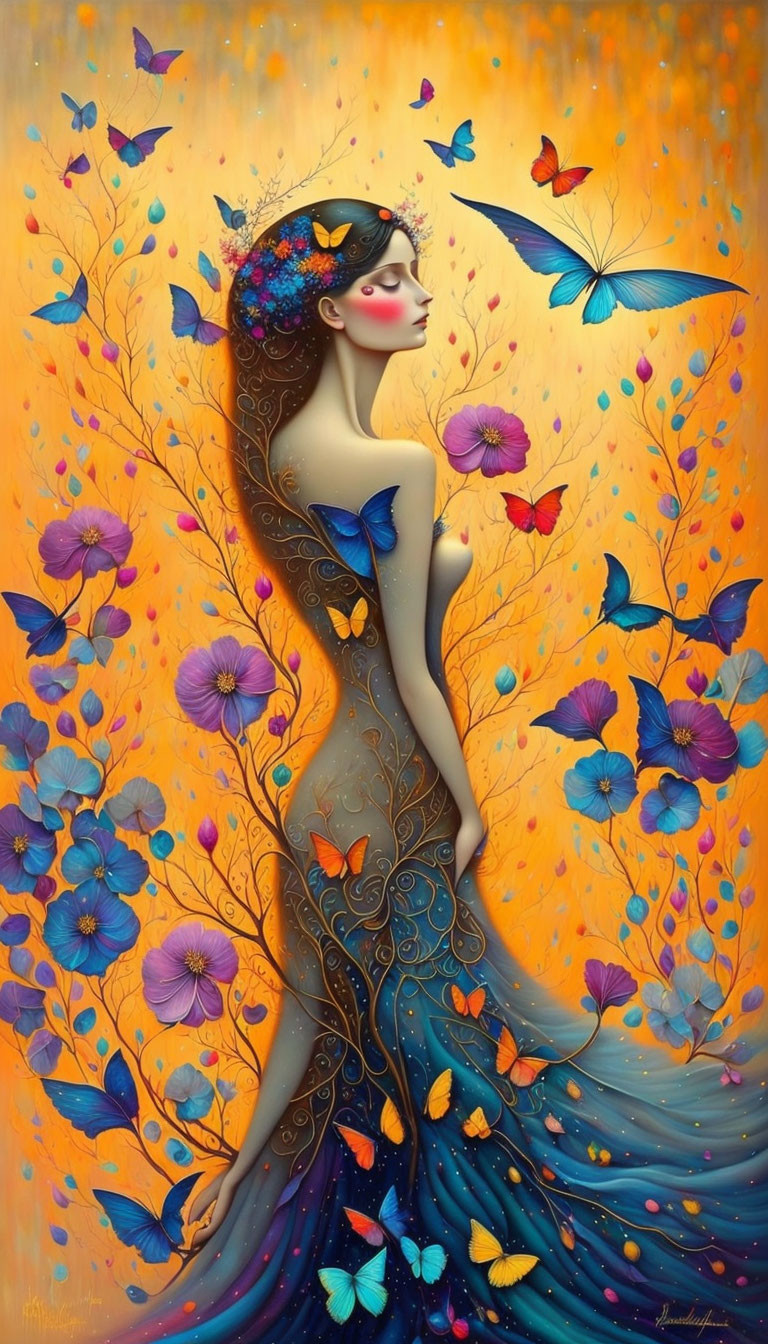 Illustration: Woman with butterflies, flowers, flowing dress on warm orange backdrop