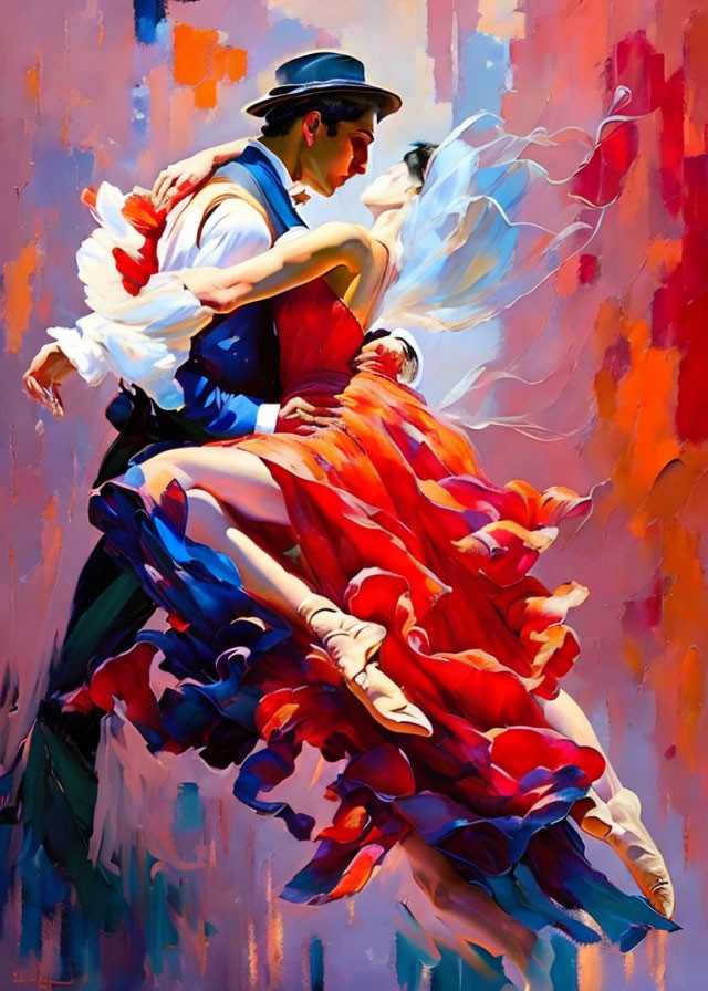 Colorful painting of couple dancing in vibrant attire on abstract background