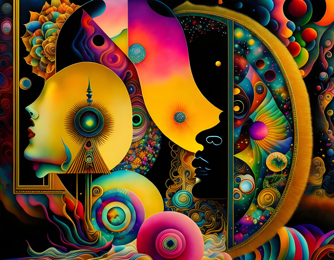 Colorful Abstract Artwork with Psychedelic Human Faces and Celestial Patterns