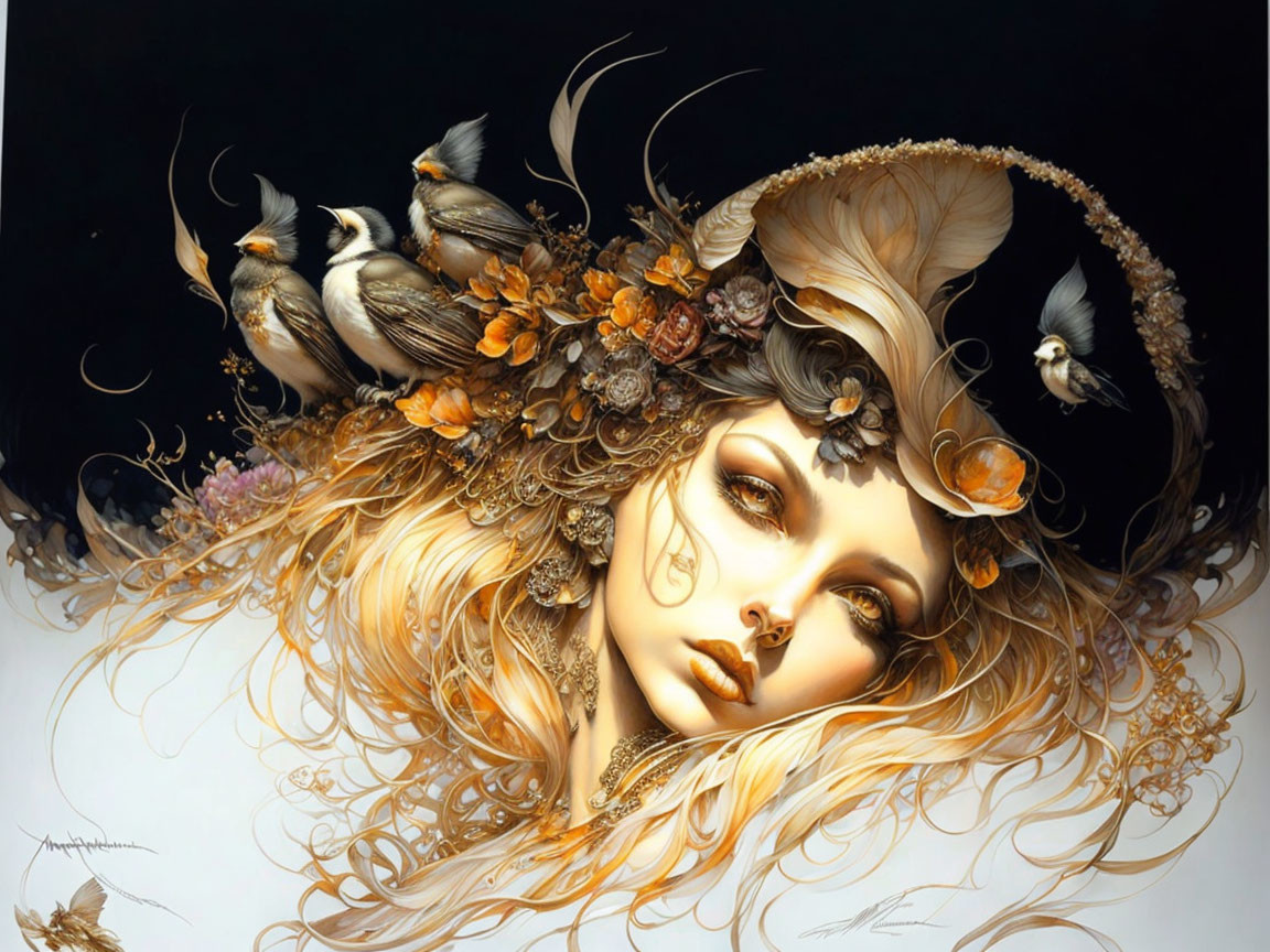 Golden-haired woman adorned with flowers and birds in mystical illustration.