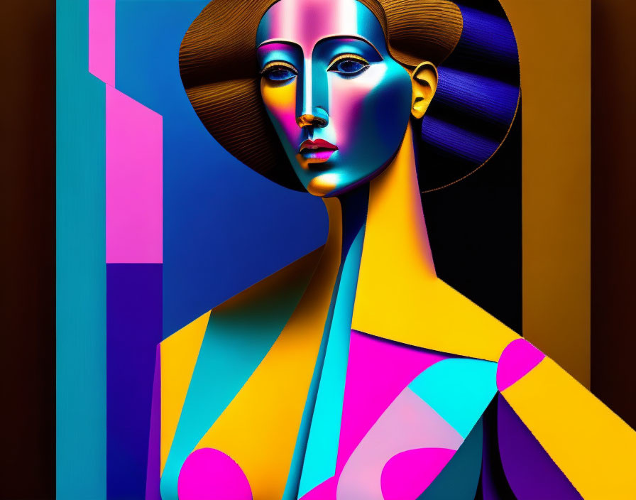 Colorful digital art of stylized female figure on geometric backdrop