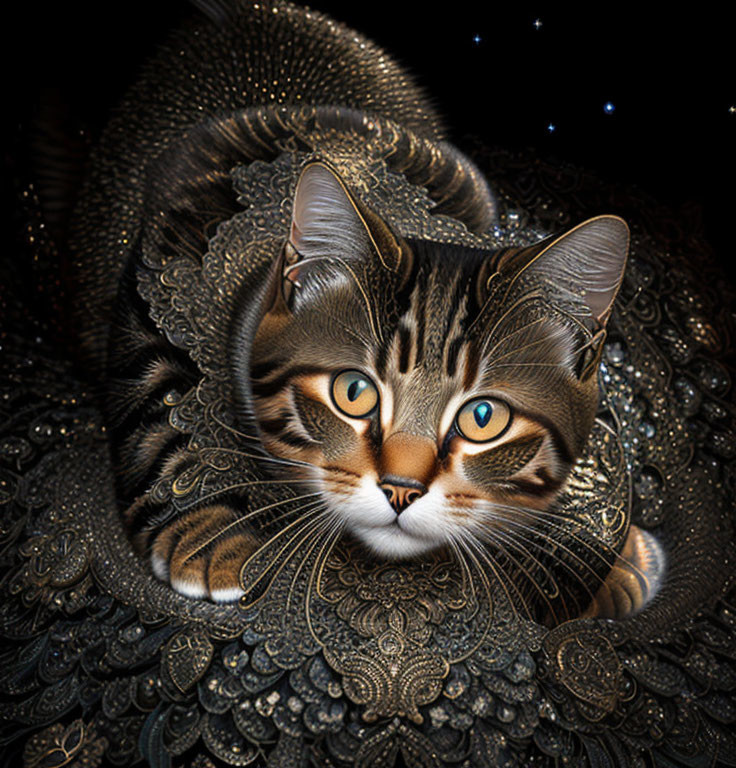 Intricate ornate patterned cat against starry backdrop