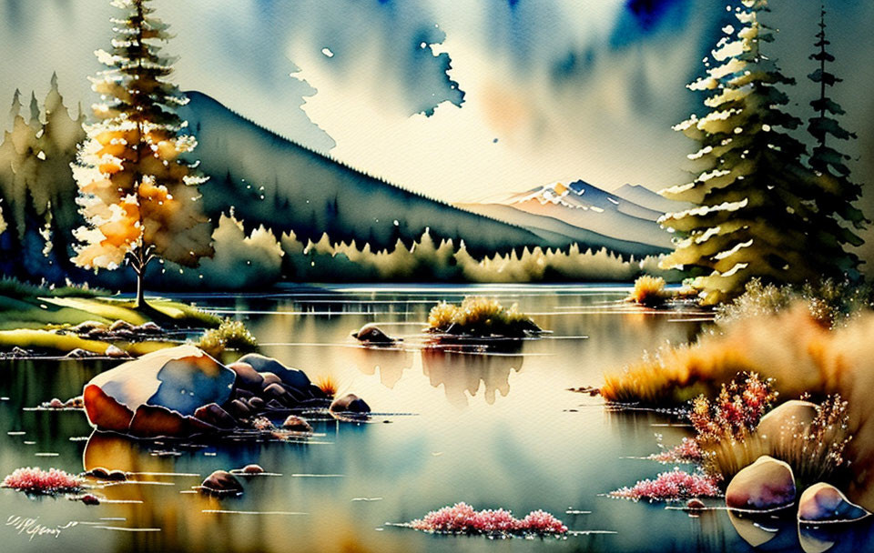 Serene Mountain Landscape Watercolor Painting