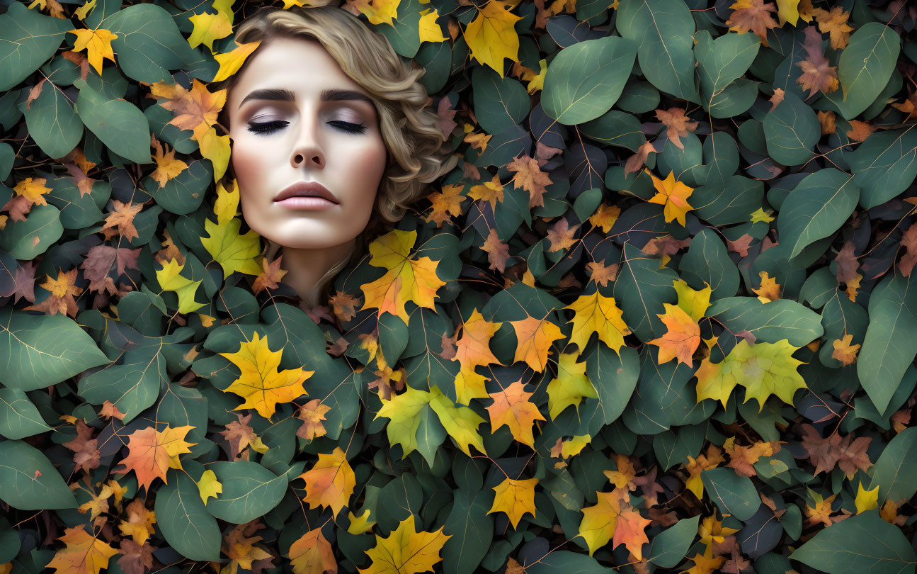 Woman's Face Blending with Autumn Leaves