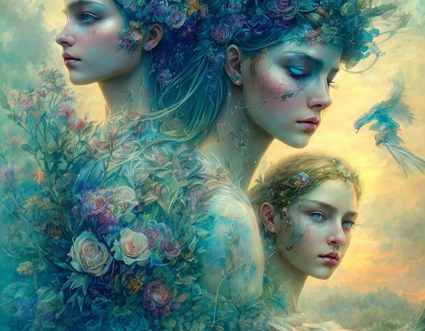 Ethereal women with floral elements in serene setting