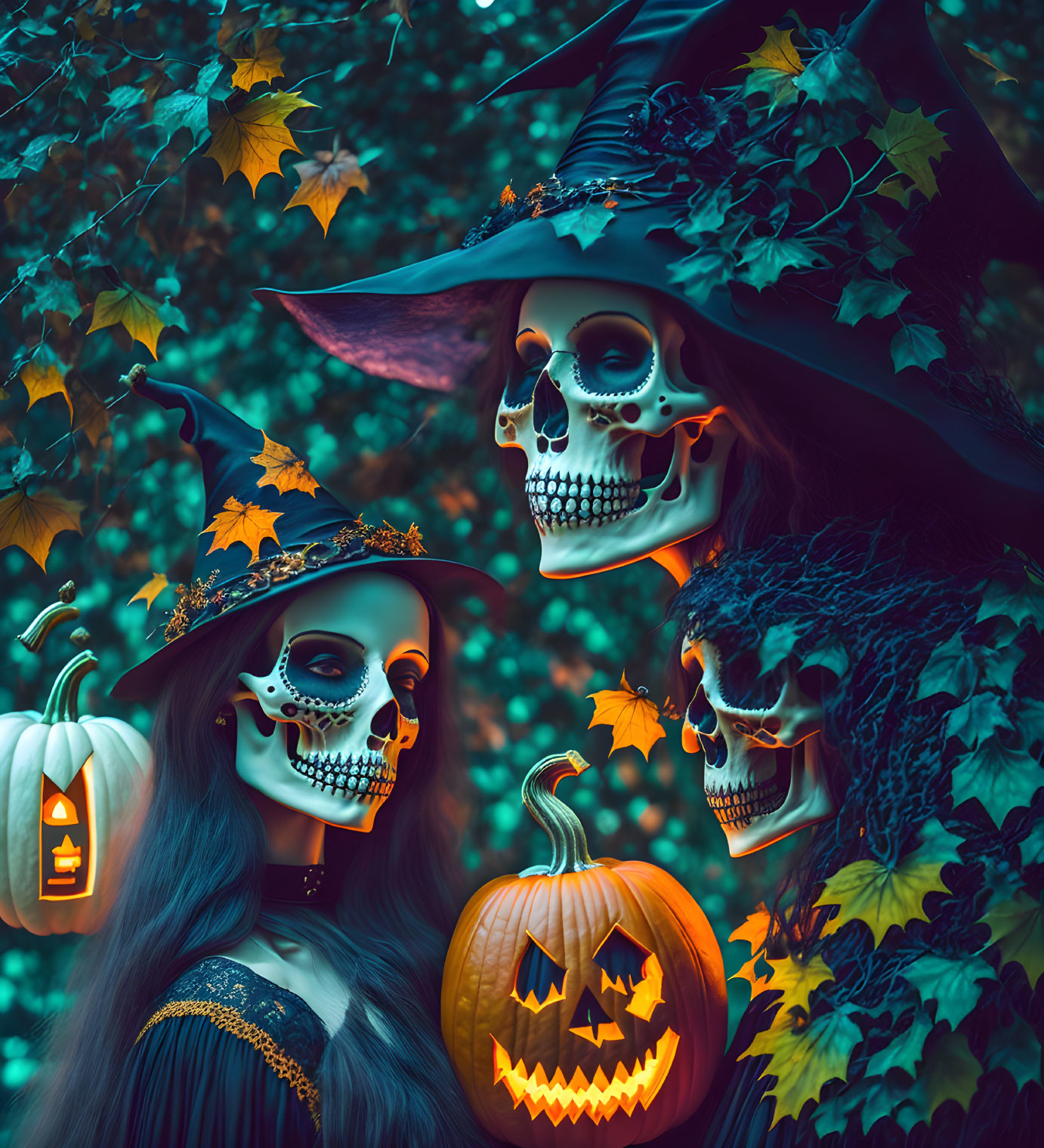 Three people in witch costumes with skull masks holding pumpkins in autumn forest