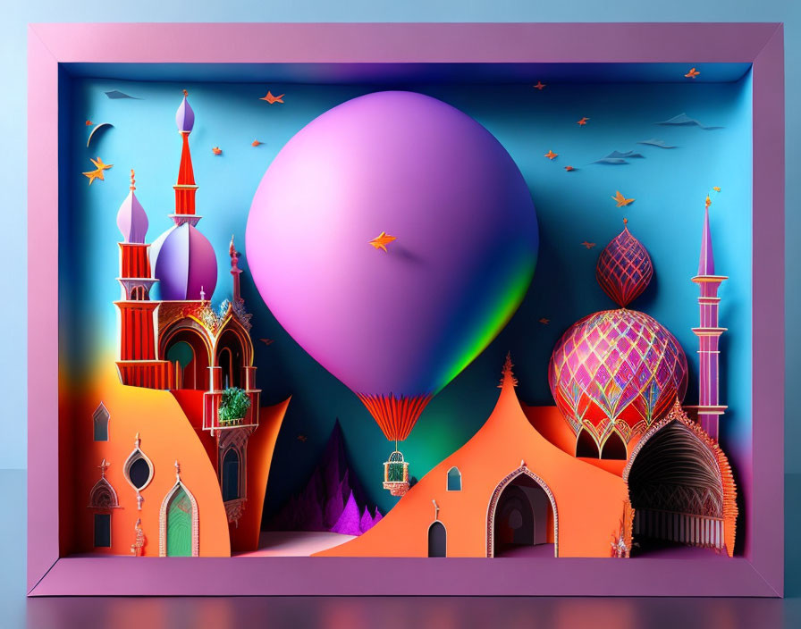 Fantastical cityscape with hot air balloon and birds in twilight sky