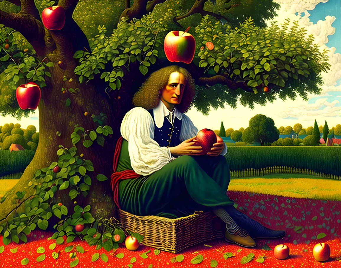 Historical figure under apple tree in bucolic landscape