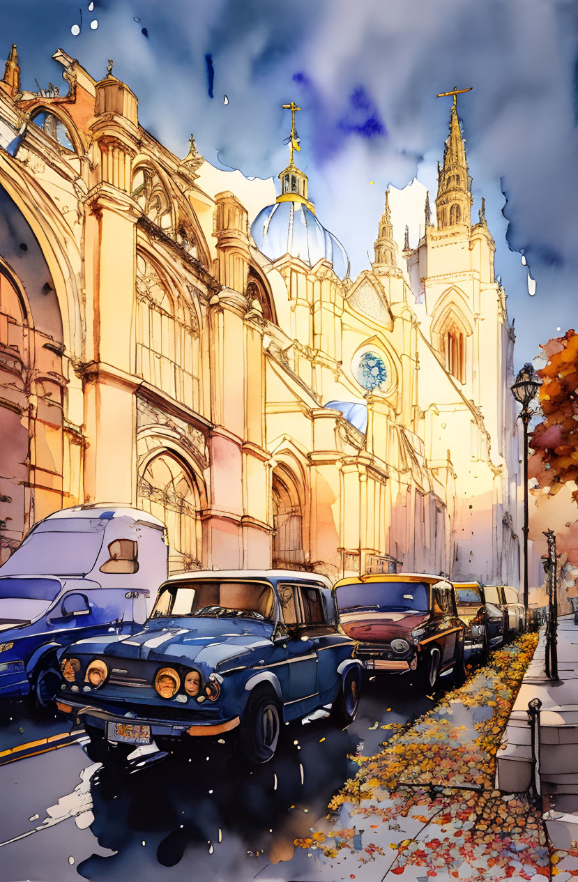 Vintage cars by Gothic cathedral in watercolor art