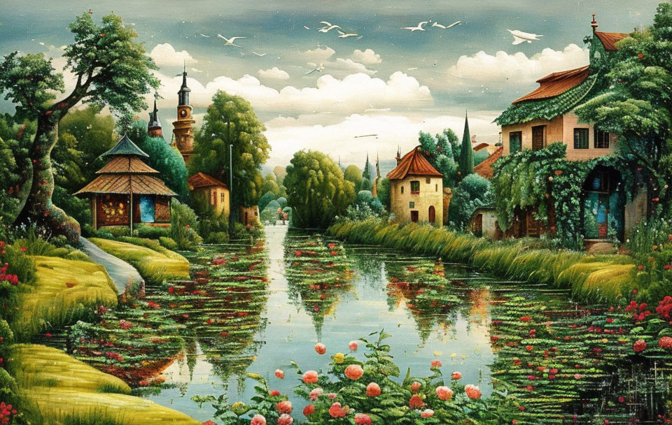 Picturesque Village with River, Greenery, Church Spire, and Birds