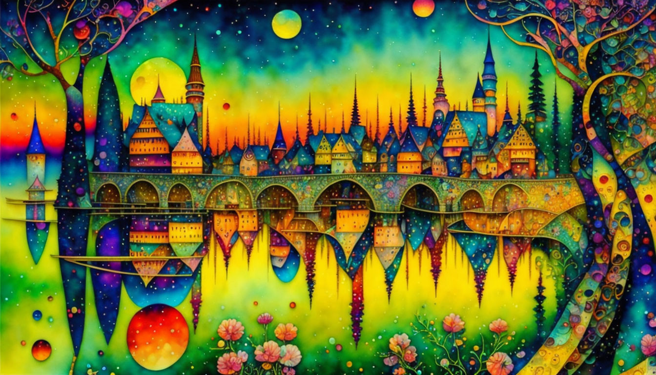 Colorful fairytale cityscape with turrets, arches, and starry sky reflected in