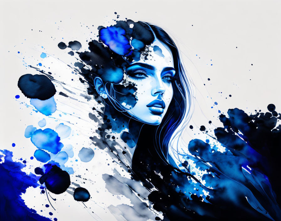 Detailed woman's portrait merged with abstract blue and black watercolor splashes