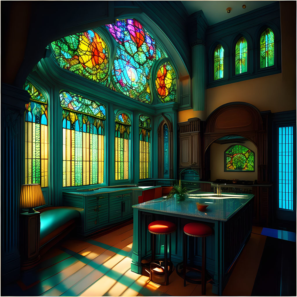 Colorful Stained Glass Windows Illuminate Kitchen with Wooden Cabinets and Red Stools