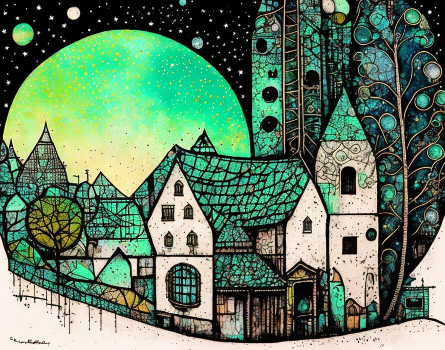 Illustration of fairy-tale village with unique houses, tree structure, yellow-green moon, starry