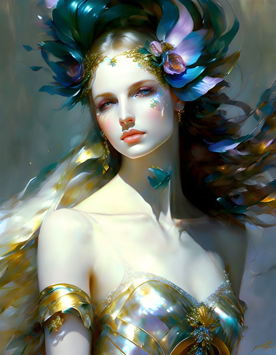 Digital artwork: Woman with ethereal beauty, floral crown, golden attire, and magical aura