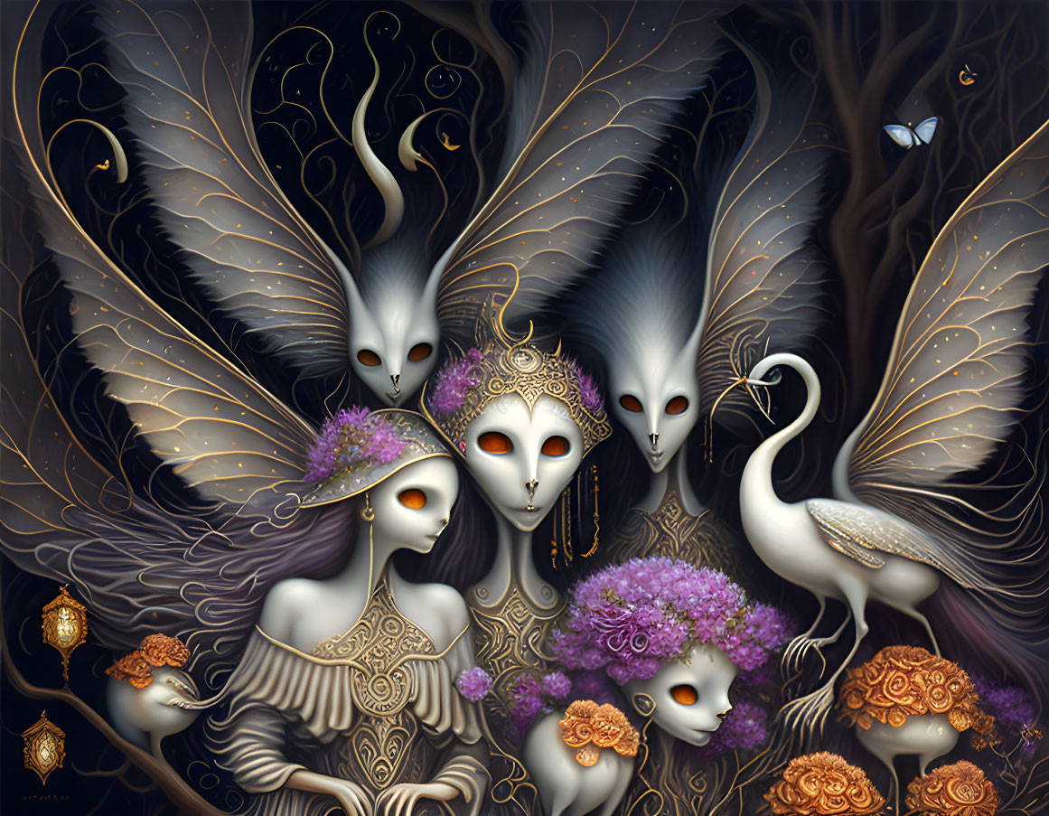 Fantasy illustration featuring masked figures, white peacock, flowers, golden patterns, and butterfly in mystical