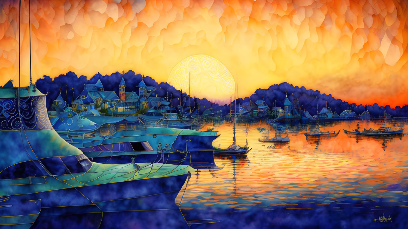 Colorful harbor scene with boats, village, and sunset sky reflected in water