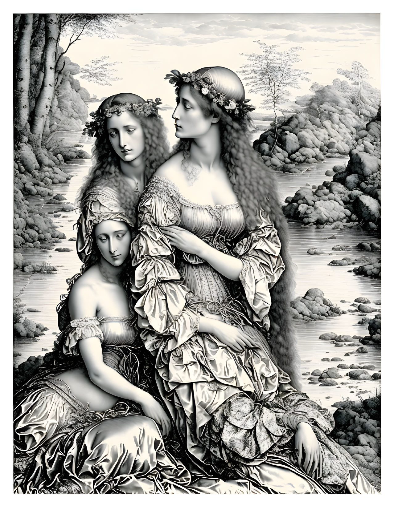 Three women in classical attire by serene landscape.