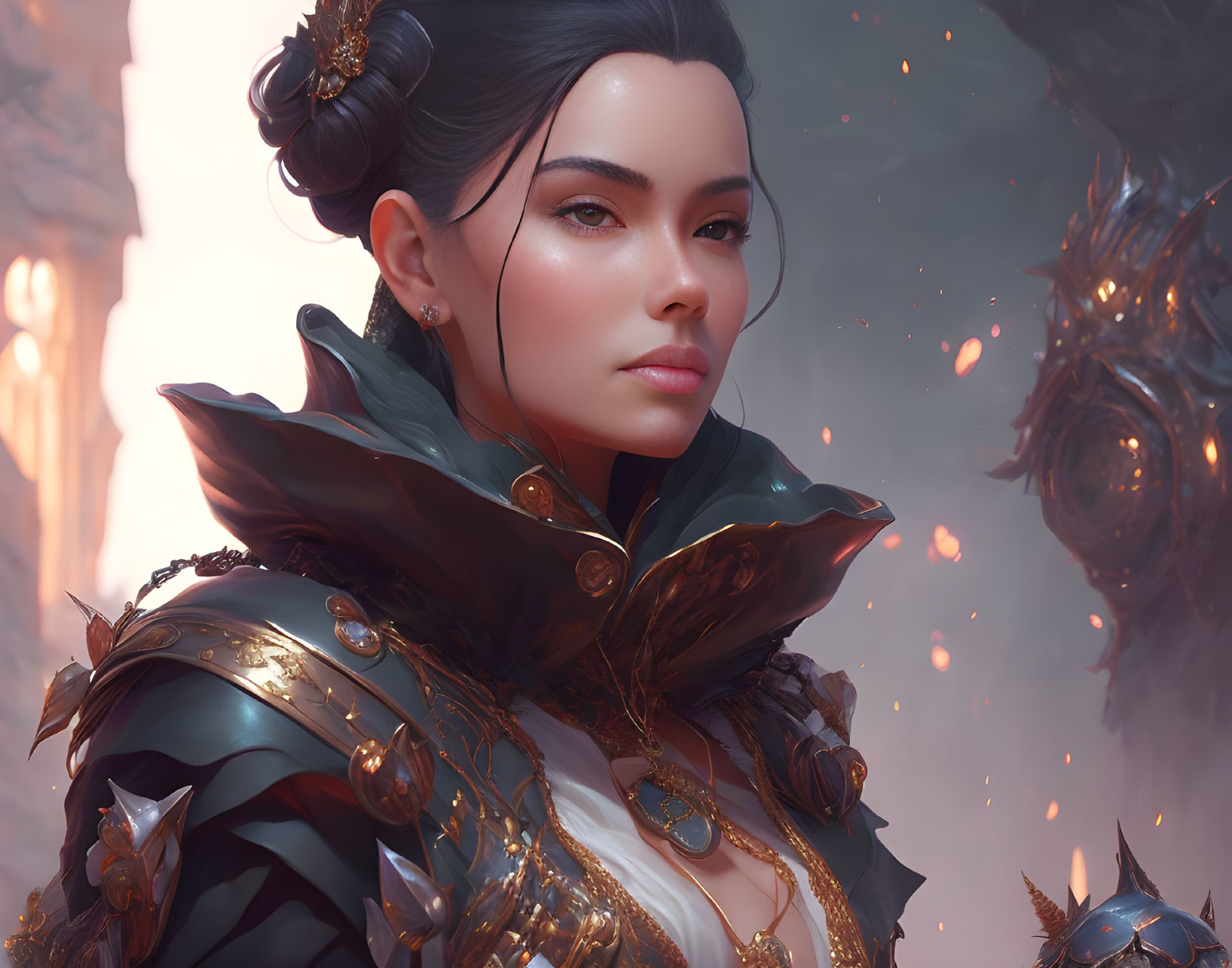 Digital female warrior portrait in ornate armor against misty backdrop with ethereal orbs.