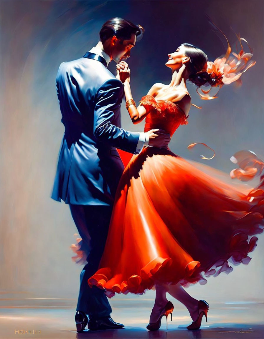 Man and woman in suit and red dress dance with dynamic brushstrokes.