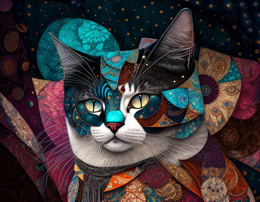 Whimsical cat art with vibrant colors and intricate patterns