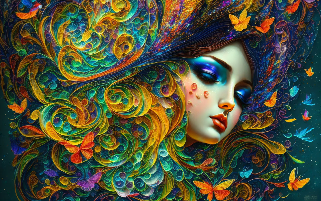 Colorful Woman with Butterfly Hair on Dark Starry Background