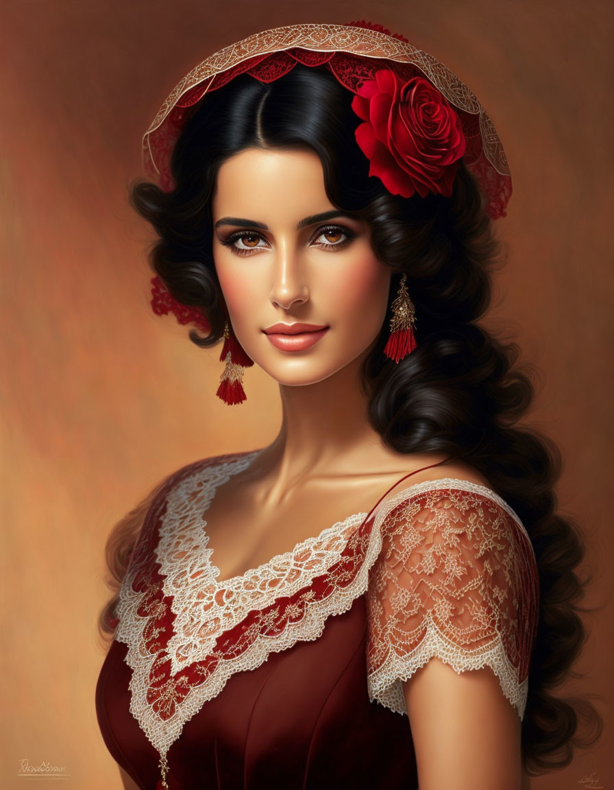 Portrait of woman with long curly hair in red dress and earrings